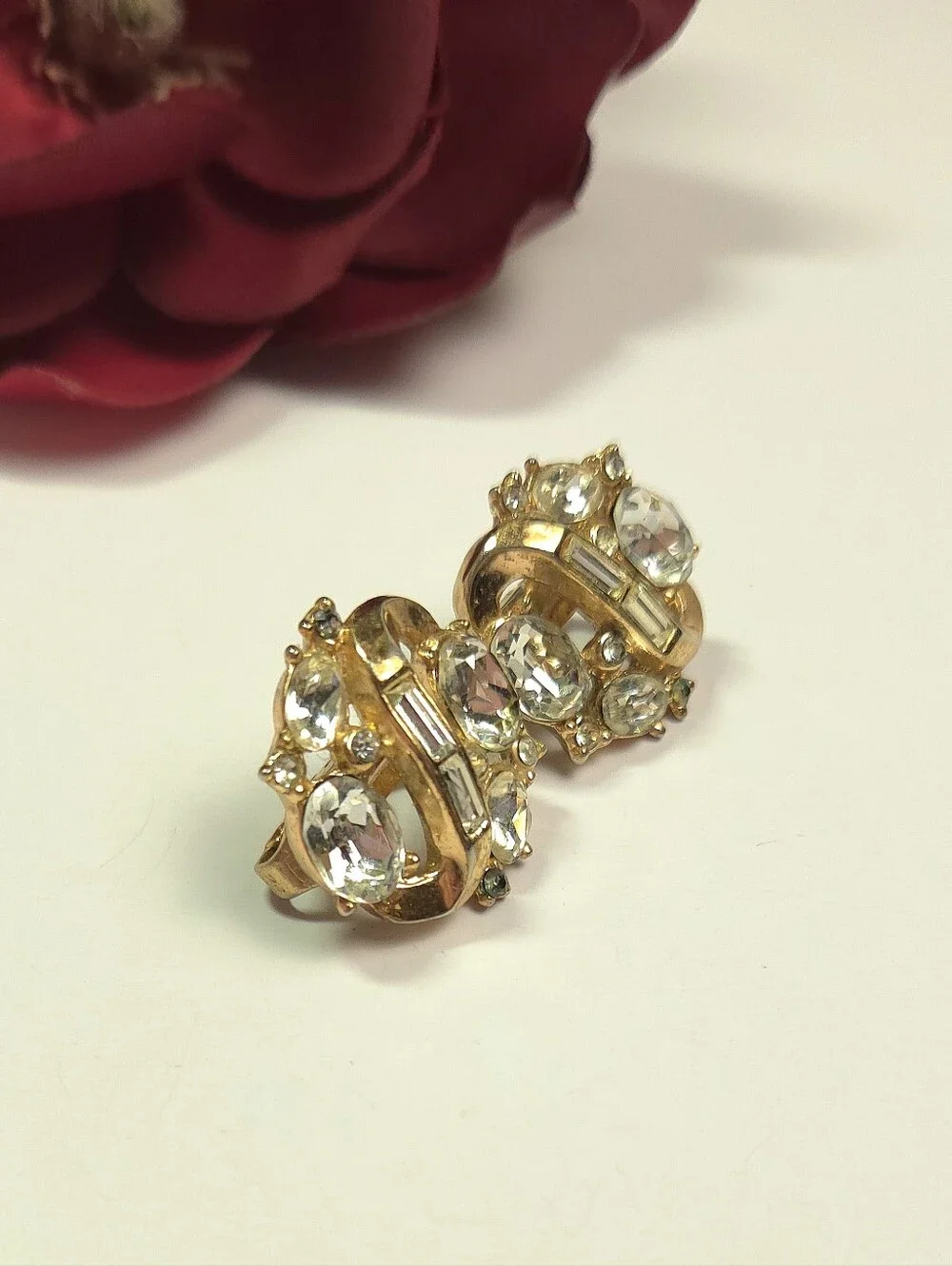 Vintage Trifari Gold Tone Swirl Crystal Earrings Clip on Statement Earrings